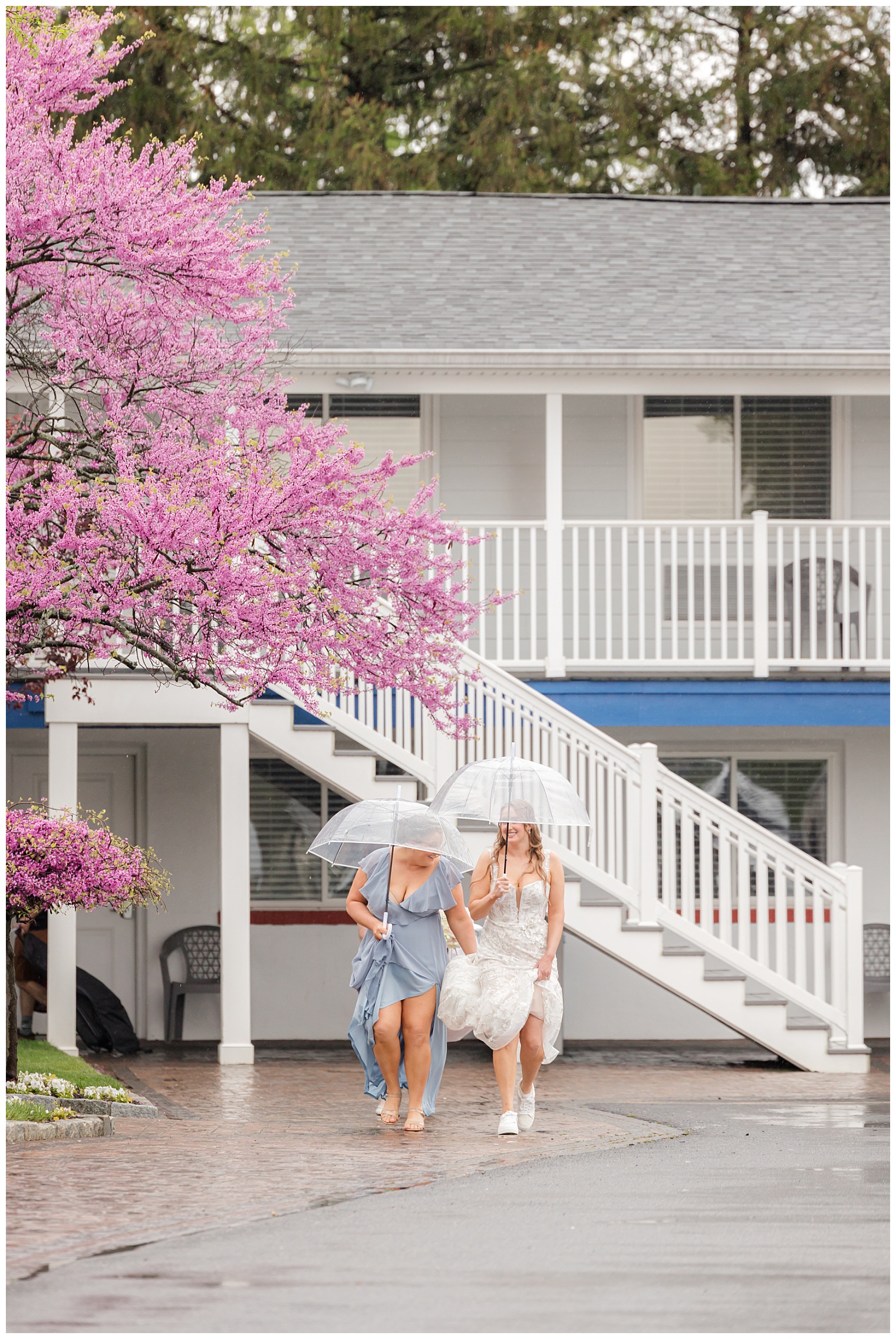 bride walking under the rain