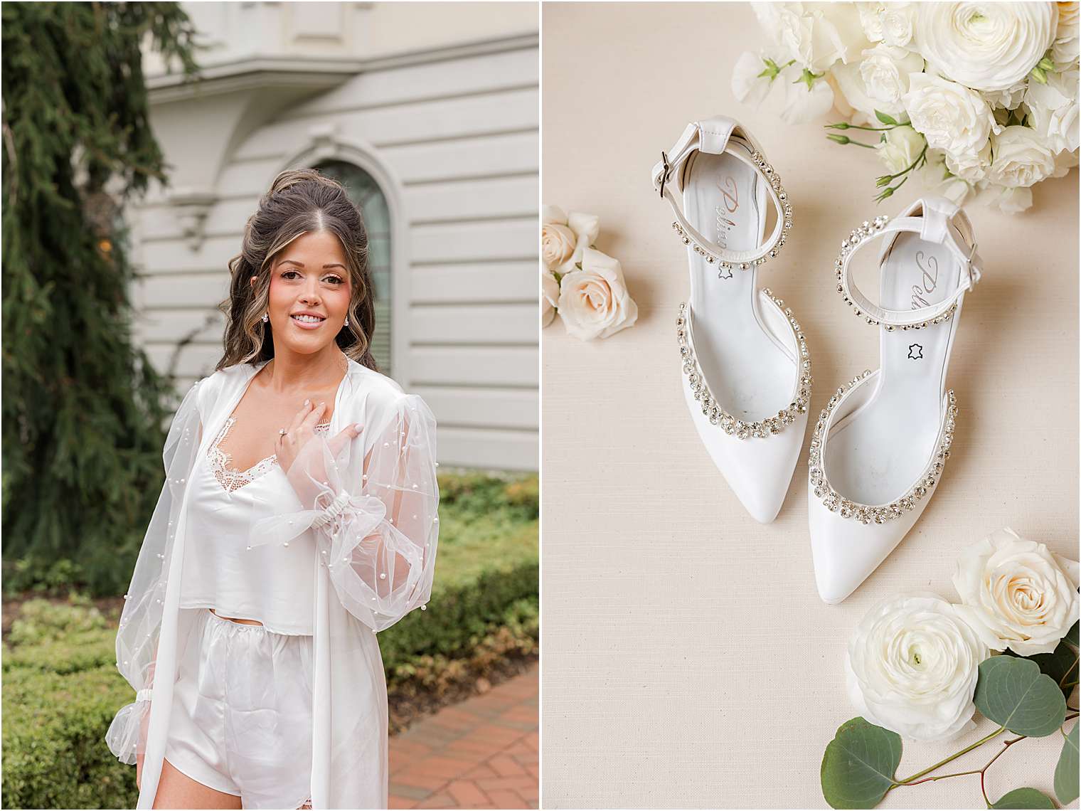 bride at Ashford Estate wearing white pajamas and gown
