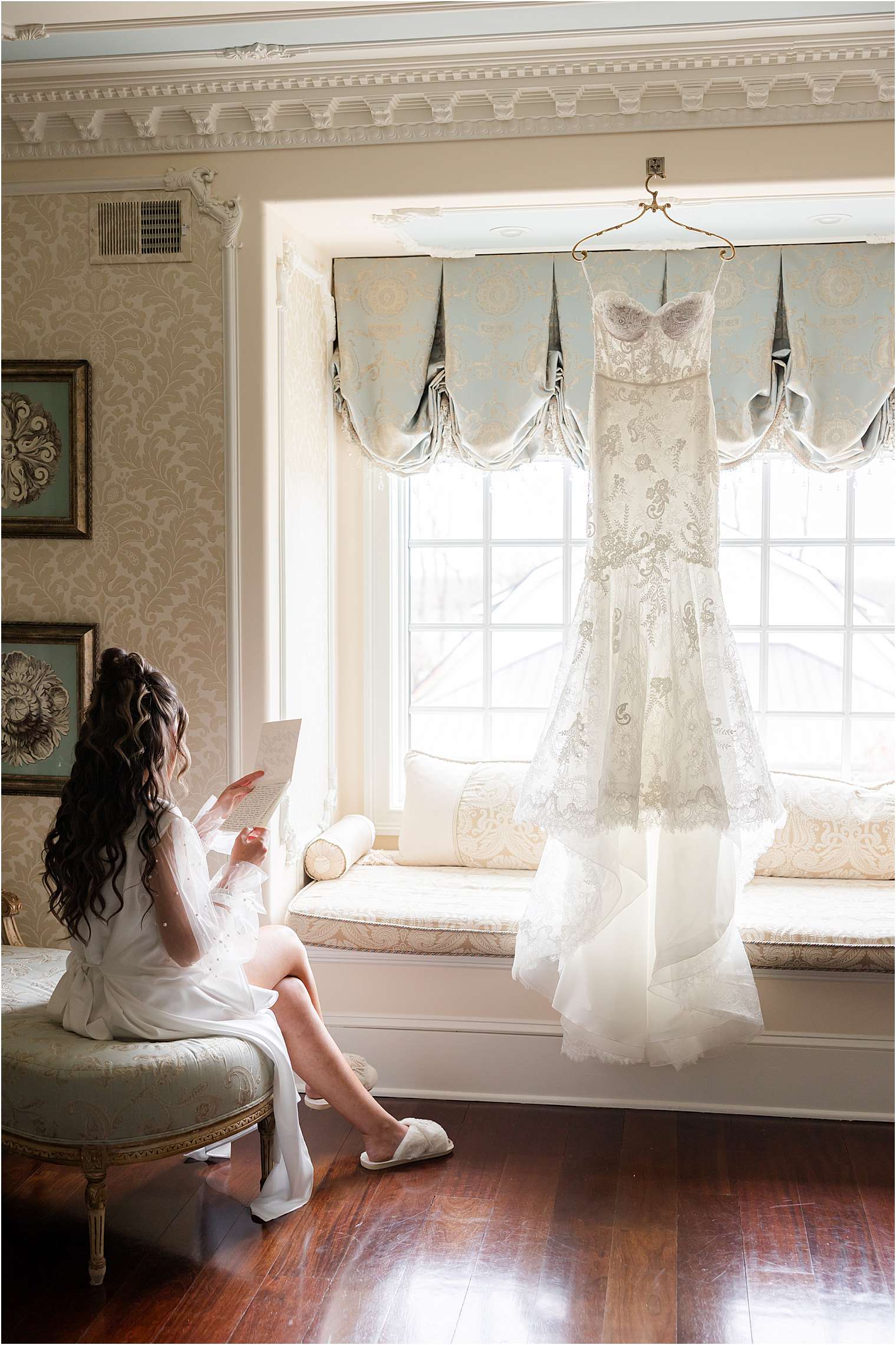 bride reading letter from her groom at Ashford Estate