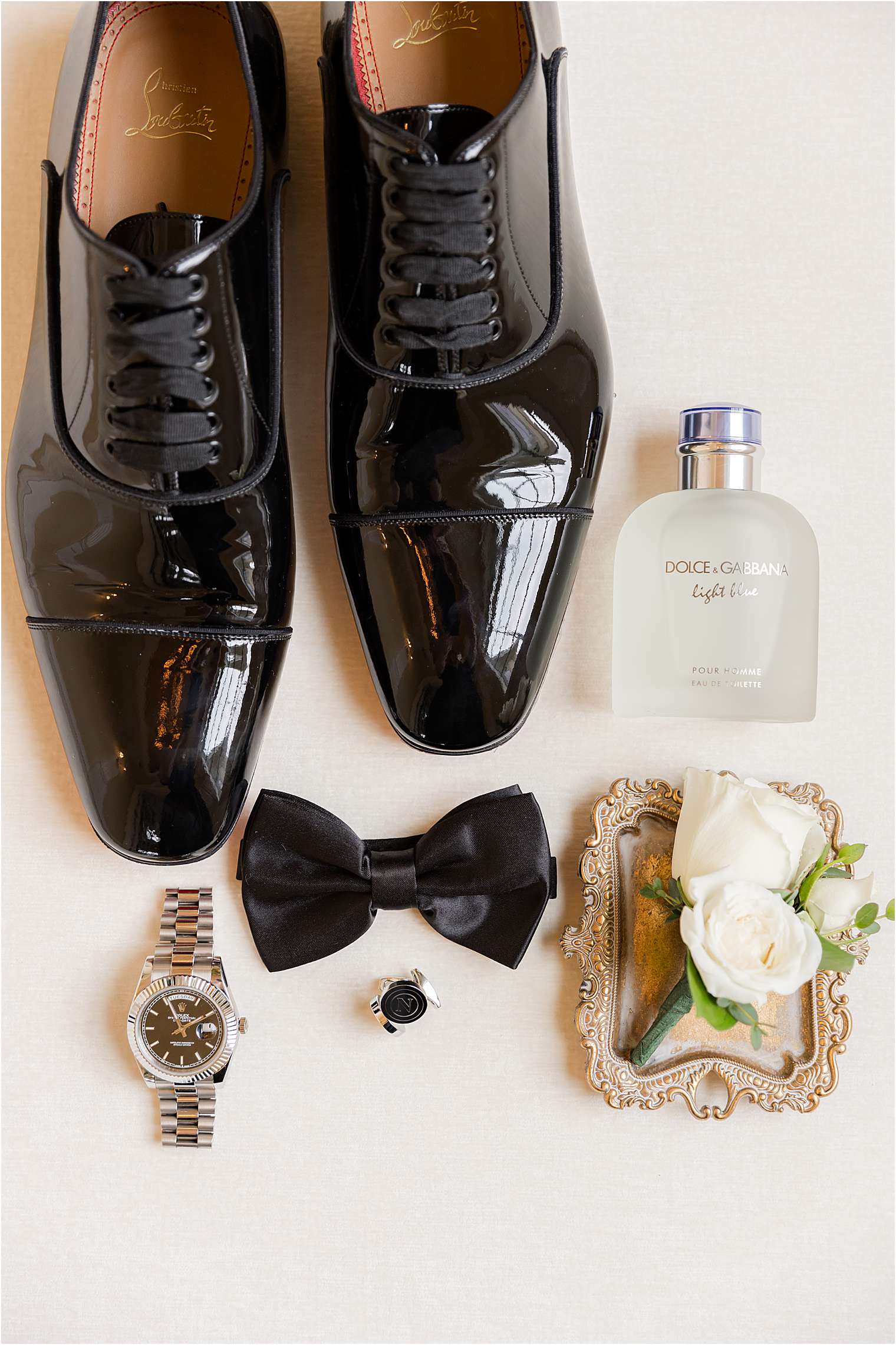 groom details for wedding at Ashford Estate in Allentown NJ with Christian Louboutins