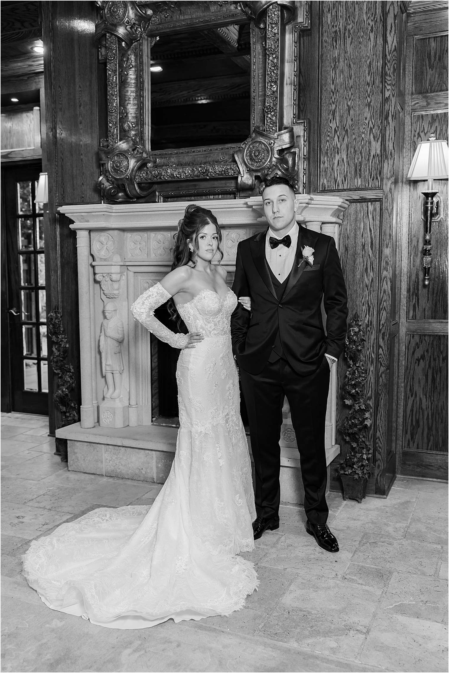 black and white editorial photo of bride and groom