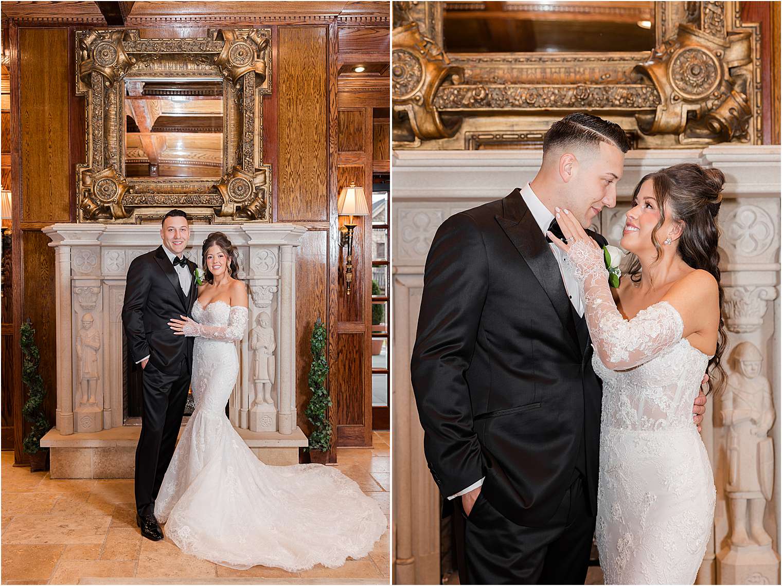 bride and groom in front of fireplace at Ashford Estate in Allentown NJ