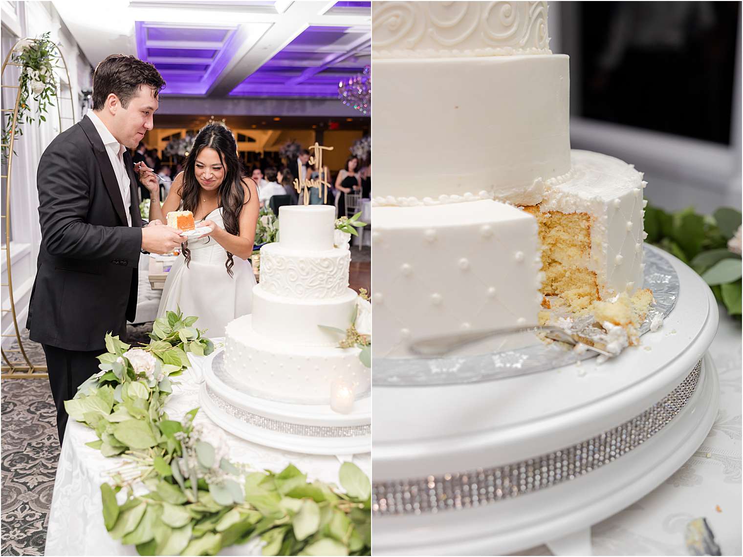 Husband and wife enjoying the first slice of cake.